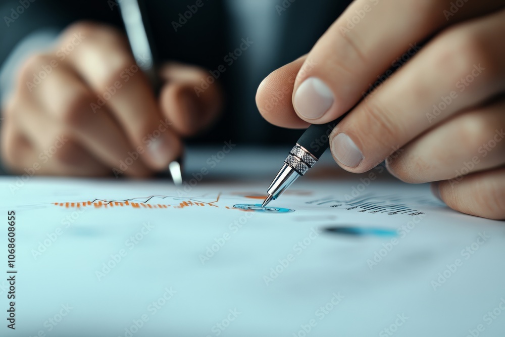 Poster a close-up image showcasing a professional hand skillfully using a pen to mark data on paperwork, re