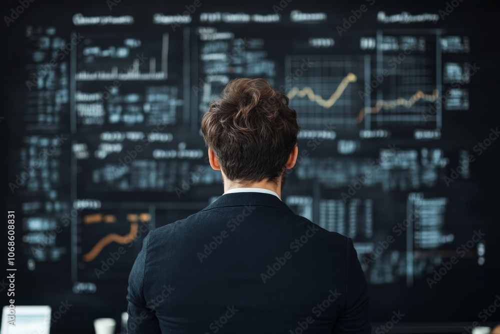 Poster a suited businessman stands before a chalkboard full of graphs and charts, deeply analyzing data and