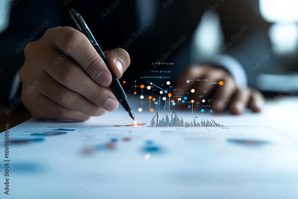 Poster a person writes on documents with a pen, while a digital overlay displays an intricate chart of data