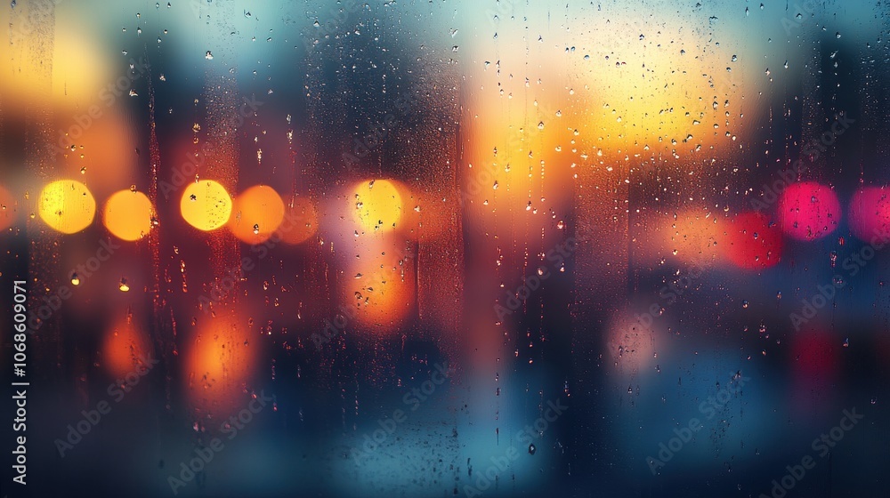 Poster a close-up of raindrops on a window, creating a dreamy effect with vibrant bokeh lights in the backg
