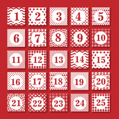 Advent calendar for 25 red with different patterns