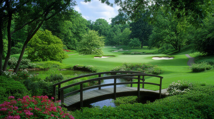 Fototapeta premium picturesque golf course with wooden bridge over small stream, surrounded by lush greenery and vibrant flowers, creating serene and inviting atmosphere.