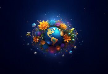 Naklejka premium A blue and green globe surrounded by vibrant flowers, glowing orbs, and abstract swirls on a deep blue background.