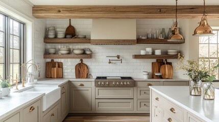 Modern Farmhouse Kitchen with White Tile Backsplash and Wooden Shelves