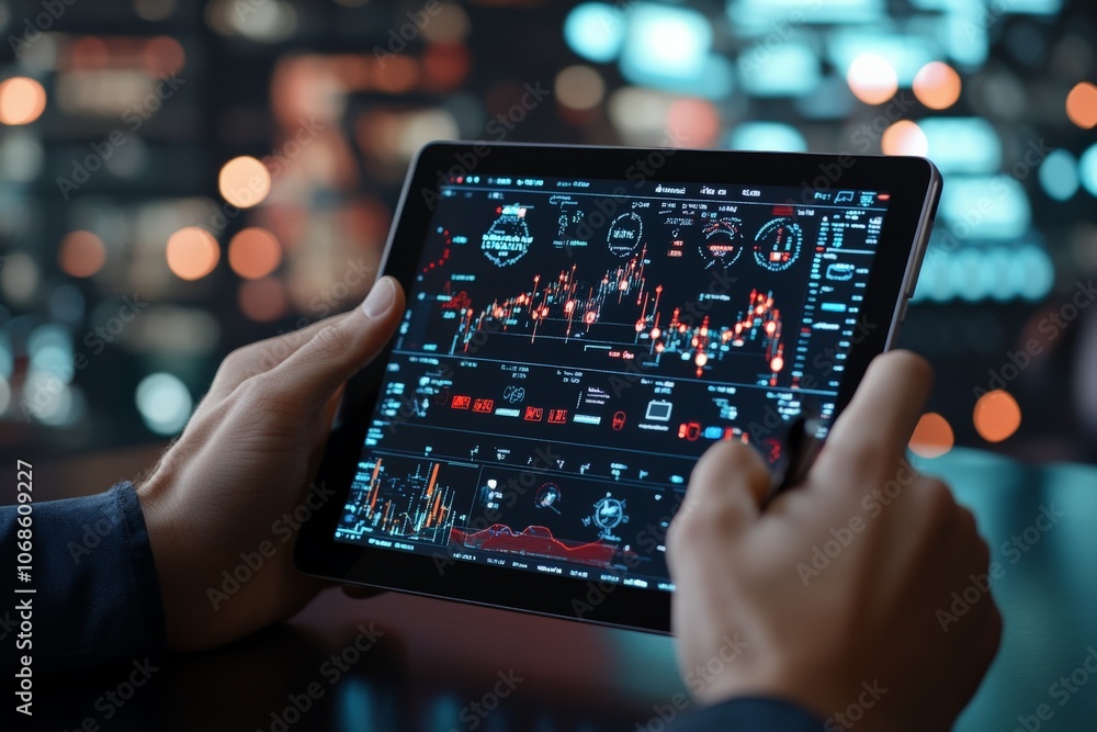 Poster hands holding a tablet displaying detailed stock market analytics with advanced visual graphics, emp