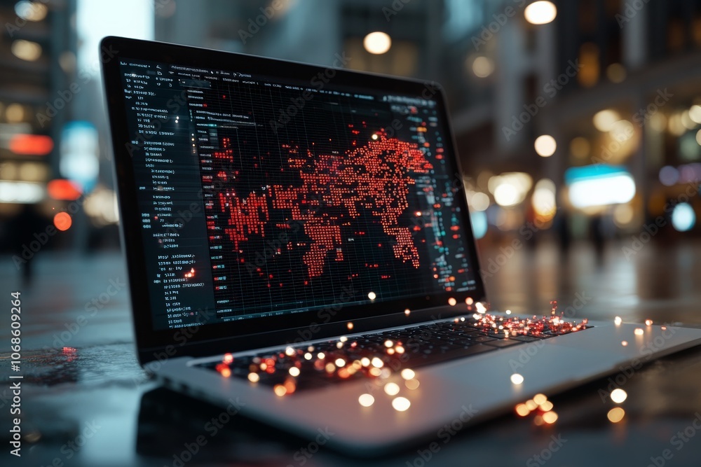 Aufkleber a laptop on a desk shows a digital world map with red data points, symbolizing global technology, da