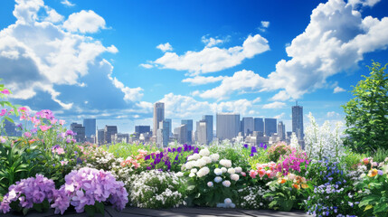 vibrant urban rooftop garden filled with colorful flowers overlooks stunning city skyline under bright blue sky with fluffy clouds.