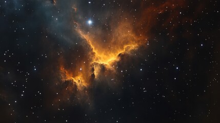 A stunning view of a glowing nebula in deep space, showcasing vibrant orange and yellow hues against a field of stars.