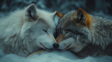 Obraz premium intimate moment between wolves captured in wildlife photography, depicting love and companionship within nature, surrounded by a serene setting that emphasizes their bond