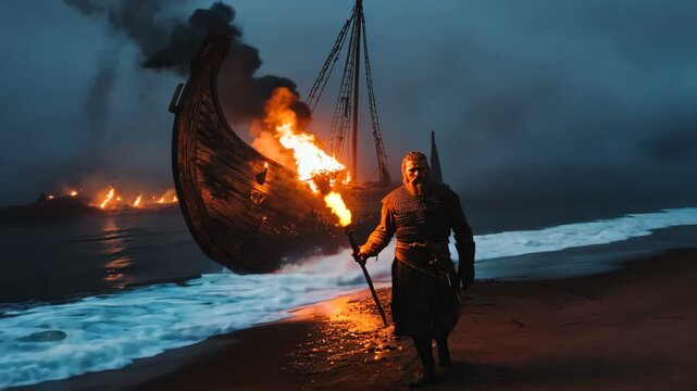 An Epic Viking Scene Showcasing a Brave Warrior Holding a Glowing Torch Near a Dramatically Burning Longship