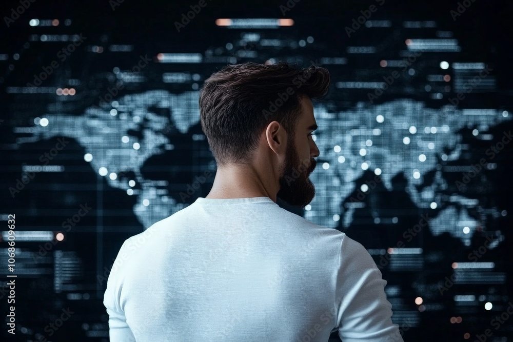 Poster a man in a white shirt looks at a digital screen displaying an illuminated world map with numerous d