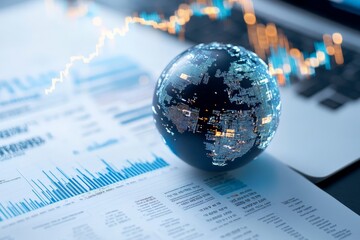 A futuristic digital globe set against a backdrop of financial charts and data, symbolizing the intersection of technology, finance, and global connectivity.