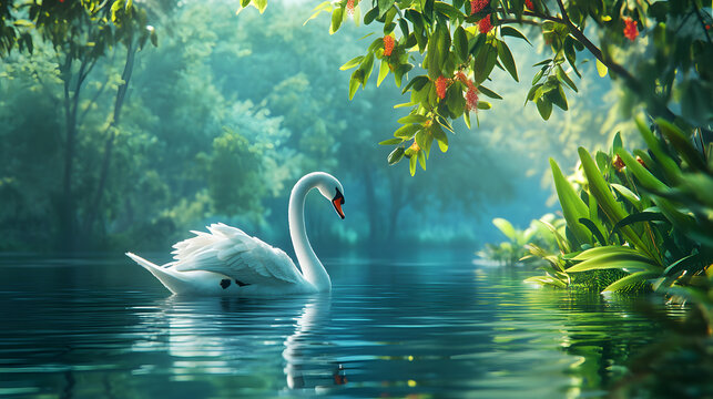 A graceful white swan glides through a serene lake, surrounded by lush greenery and vibrant flowers.