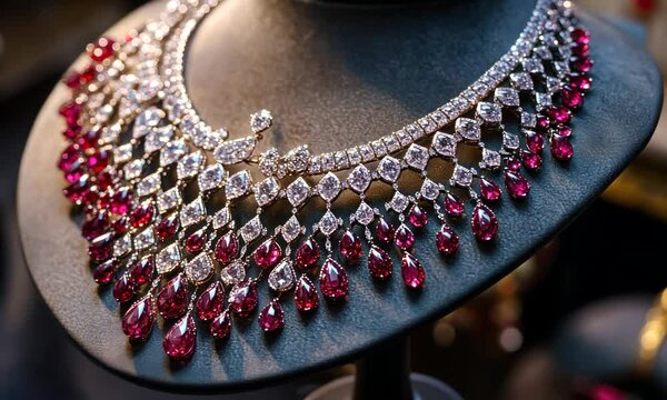 Exquisite Ruby and Diamond Necklace Showcase with Intricate Craftsmanship on Mannequin Display