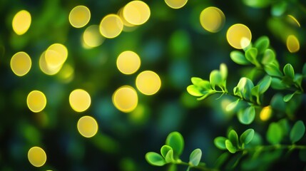 Obraz premium Close-up of vibrant green leaves with warm, glowing bokeh lights in the background, creating a tranquil atmosphere.