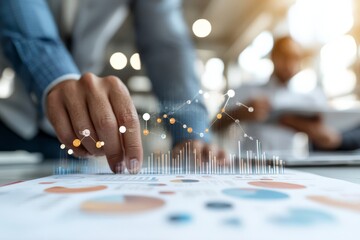 Collaboration scene with hands interacting over printed and digital holographic graphs on a desk, showcasing innovation and teamwork in business meetings.