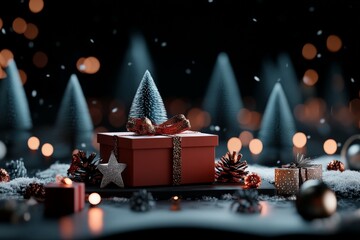 A beautiful holiday gift box adorned with ornaments and surrounded by artificial snow, capturing the essence of Christmas wonder and festive gifting spirit.