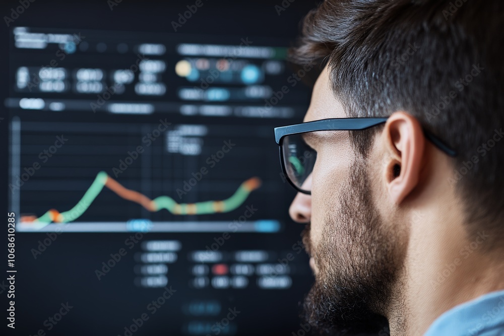 Poster a man with glasses closely examines a complex graph on a computer screen, focusing intently on the f