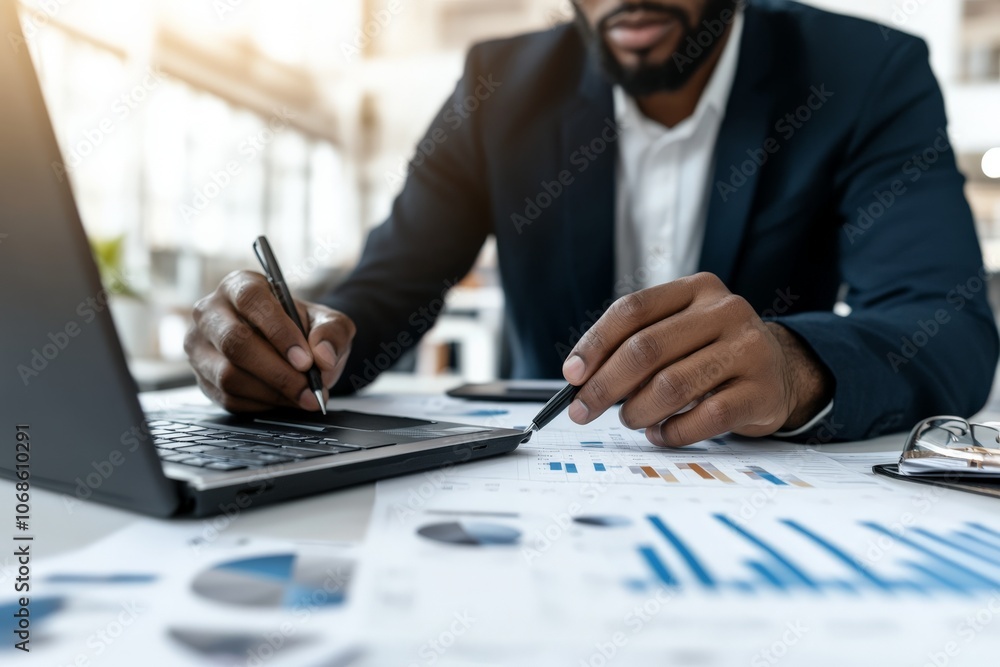 Poster a businessman in formal attire uses a laptop to analyze printed charts and graphs at a desk, engagin
