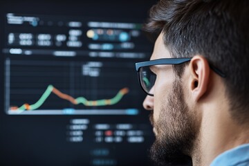 A man with glasses closely examines a complex graph on a computer screen, focusing intently on the fluctuating data points and trends displayed.
