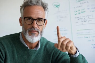 A confident man with glasses gestures upward in front of a whiteboard filled with notes, suggesting leadership, ideas, and the pursuit of knowledge in education.