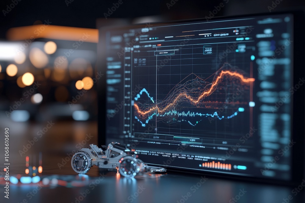 Poster a high-tech digital display shows detailed data analytics, featuring multiple graphs, dark themed in