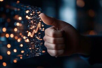 A hand giving a thumbs-up gesture next to a digital graph representing growth, illuminated with orange lights in a futuristic setting.