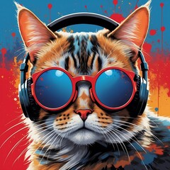 Image is a vibrant, stylized digital artwork featuring a cat with headphone and sunglass.