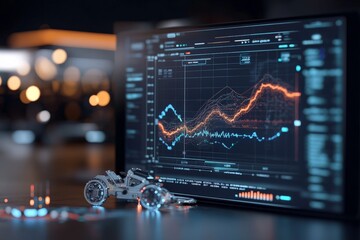 A high-tech digital display shows detailed data analytics, featuring multiple graphs, dark themed interface, and illuminated elements in a modern setup.