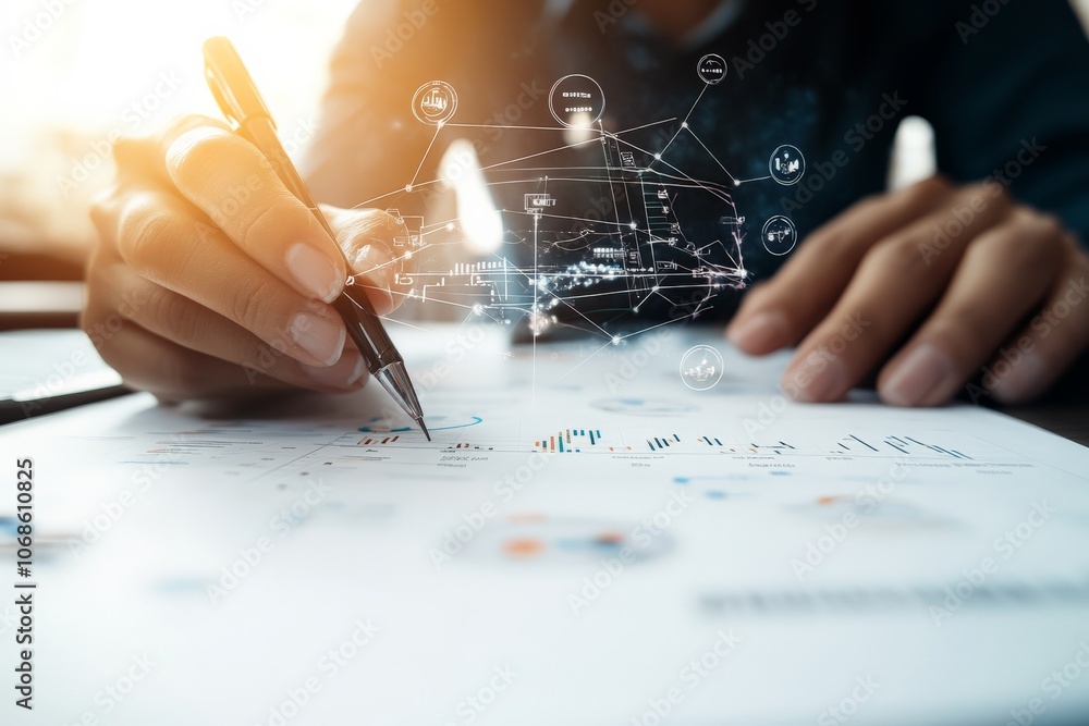 Poster close-up of a hand writing on paper with digital data holograms overlay representing futuristic busi