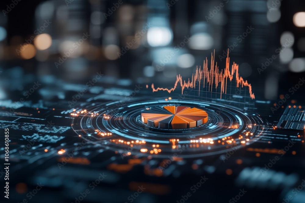 Poster futuristic pie chart glowing with technology overlays, symbolizing modern data analysis and visual r