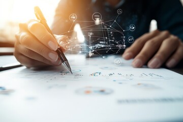 Close-up of a hand writing on paper with digital data holograms overlay representing futuristic business and technology integration in modern analysis.