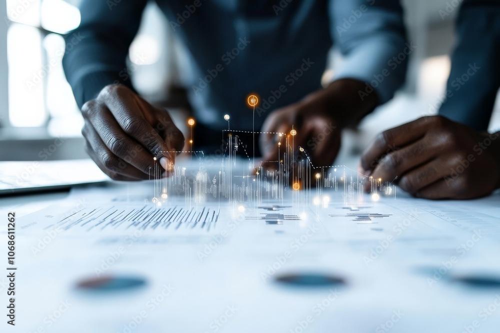 Poster close-up of a person engaging with futuristic data visualizations overlayed on printed reports, symb