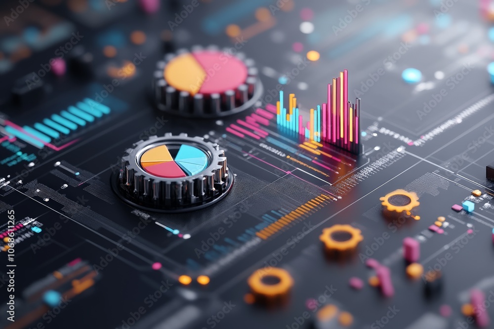 Poster abstract 3d data visualization displaying colorful charts, gears, and infographics against a black b