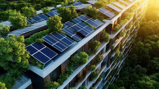 Aerial view of a modern eco friendly residential and commercial building complex with solar photovoltaic panels installed on the roofs surrounded by lush greenery and urban landscape