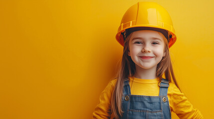 Happy child in a construction helmet smiling.