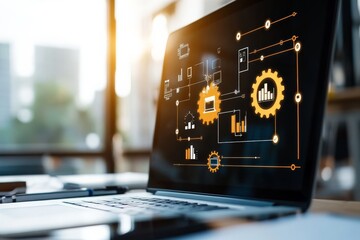 Open laptop displaying digital network graphics and gears, illustrating the concept of interconnected systems and modern technological advancements in workflow.