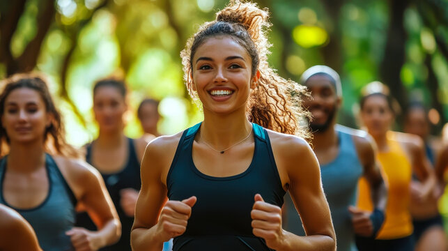Diverse Outdoor Fitness Boot Camp Participants Embracing Health and Exercise in Nature