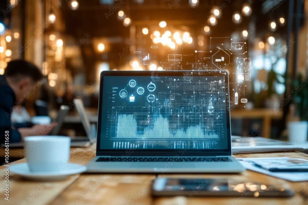 Aufkleber an open laptop with glowing data graphs displayed, accompanied by a cup of coffee. represents remote