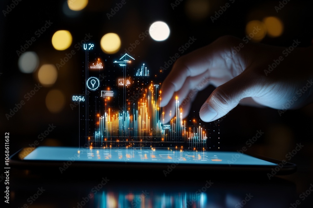 Poster a hand interacts with dynamic digital graphs on a glowing tablet, showcasing data manipulation and m