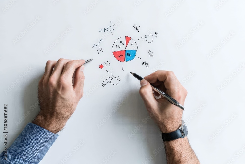 Poster a pair of hands sketching a colorful pie chart on white paper, surrounded by scribbles. represents p
