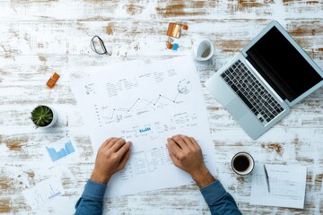 Hands hold a paper with graphs on a wooden desk, surrounded by glasses, a plant, and coffee. Highlights research, strategy, and data analysis in a cozy setting.