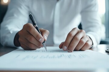A focused individual in a white shirt signs documents at a desk, symbolizing business and professionalism, with a blurred background for depth.
