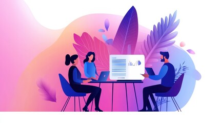 Business team collaborating on project together discussing strategy and analyzing data on laptop computer in modern office setting