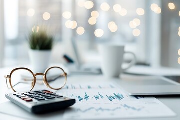 A well-organized office desk featuring glasses, a calculator, and financial reports, with a blurred festive background representing analysis and focus.
