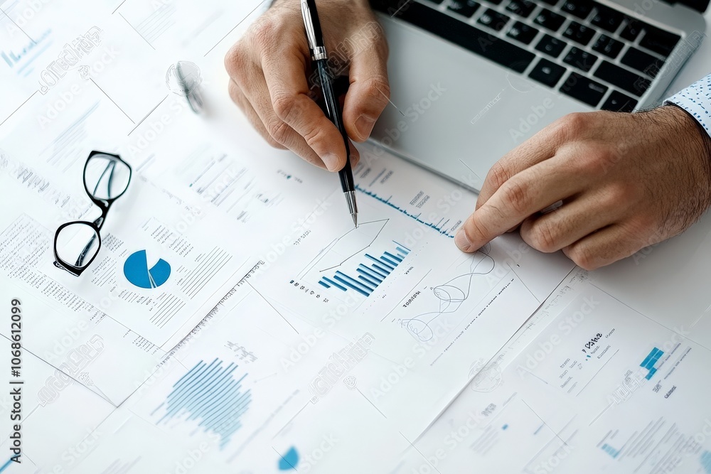 Poster a person examines business data on a laptop with multiple graphs, symbolizing digital analytics, str