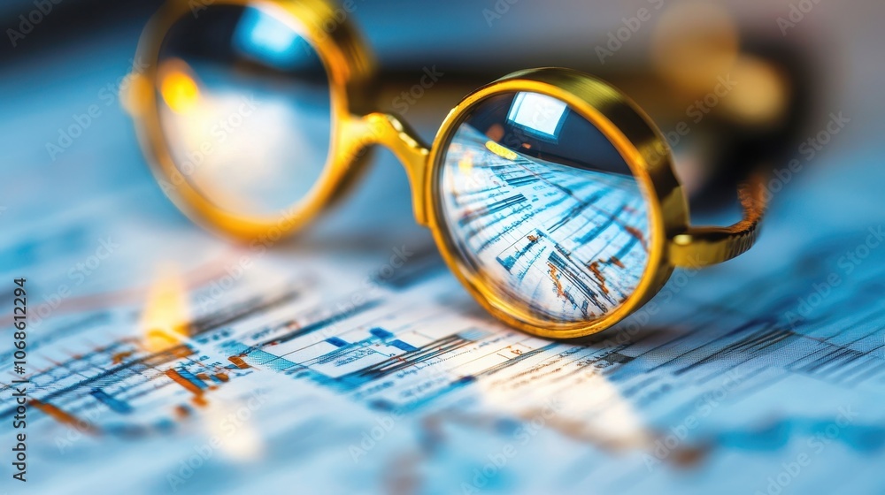 Poster close up view of a magnifying glass reflecting the intricate details of an engineering blueprint or 