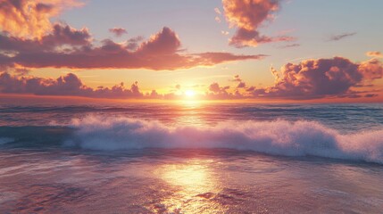 Fototapeta premium A stunning sunset over the ocean, with vibrant hues reflecting on the water and gentle waves lapping at the shore.