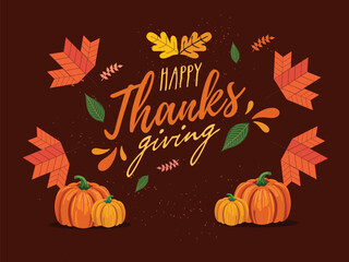 Happy Thanksgiving Day Poster Design with Pumpkins and Autumn Leaves Decorated on Burnt Red Background.