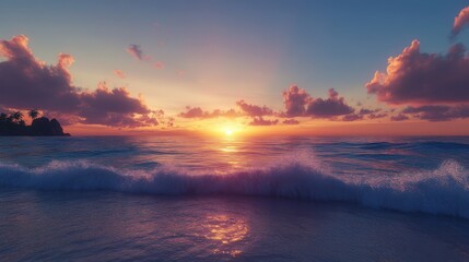 Fototapeta premium A breathtaking sunset casts vibrant colors over the ocean waves, creating a serene coastal atmosphere.
